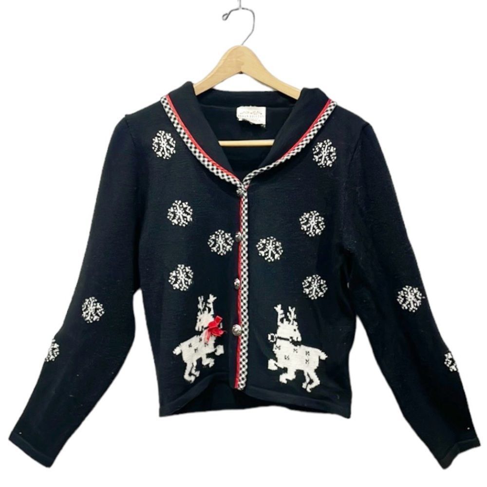 Susan Bristol Reindeer Cardigan Sweater Long Sleeves Sz Small Holiday Christmas - Picture 2 of 10